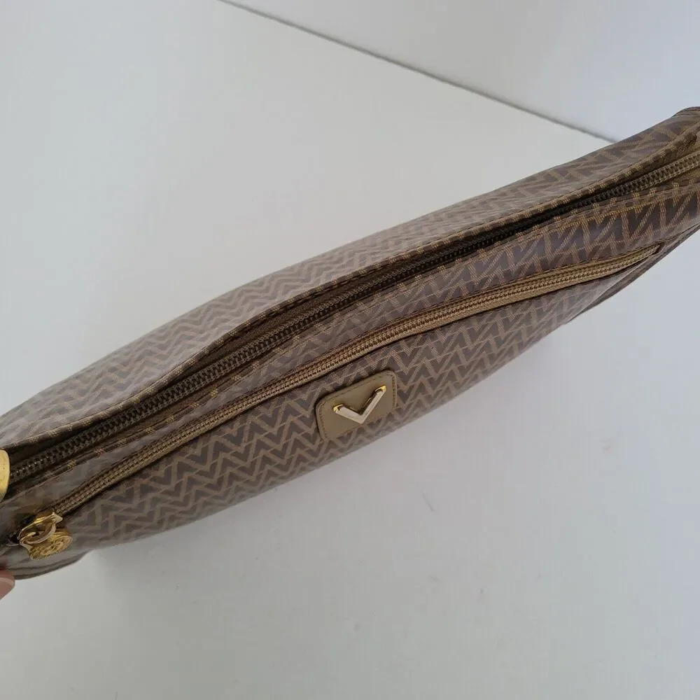 Mario Valentino Bag Clutch Pouch Vintage Handbag Zip‎ Designe Italian Brown Logo